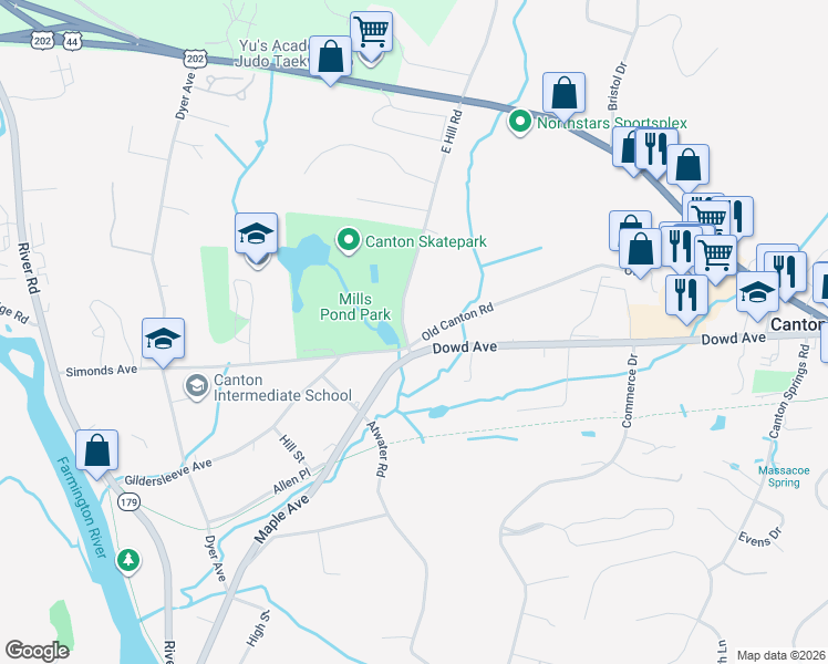 map of restaurants, bars, coffee shops, grocery stores, and more near 3 East Hill Road in Canton