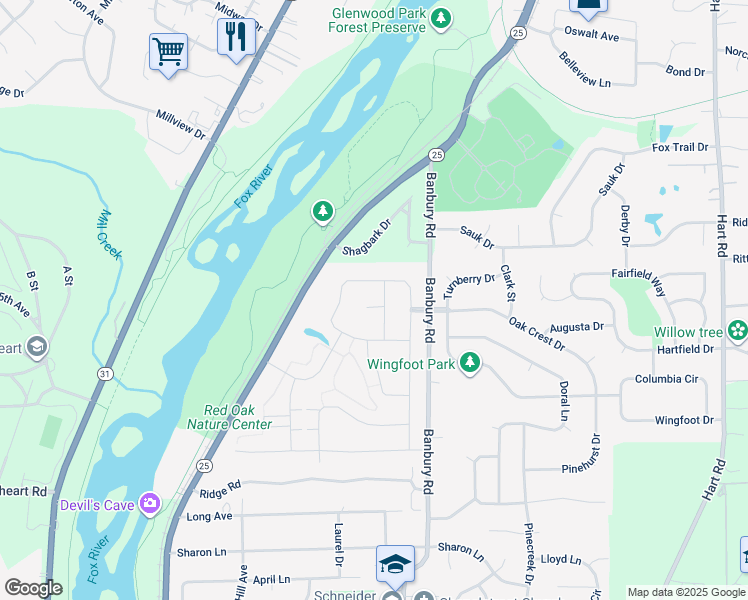 map of restaurants, bars, coffee shops, grocery stores, and more near 307 Westminster Court in North Aurora