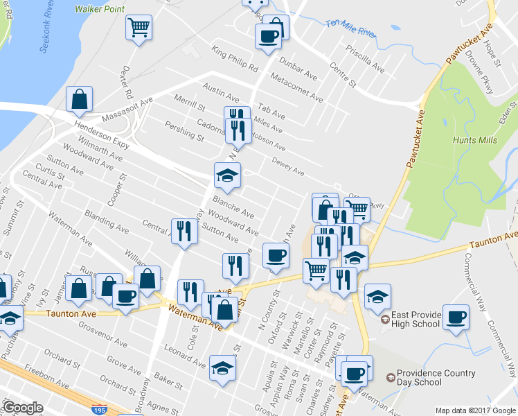 map of restaurants, bars, coffee shops, grocery stores, and more near 63 Orlo Avenue in East Providence