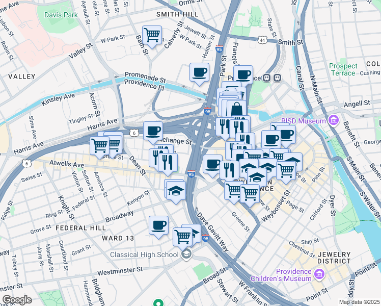 map of restaurants, bars, coffee shops, grocery stores, and more near 1 Fox Place in Providence