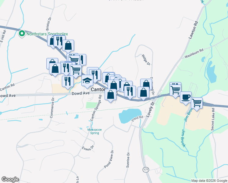 map of restaurants, bars, coffee shops, grocery stores, and more near 171 Albany Turnpike in Canton