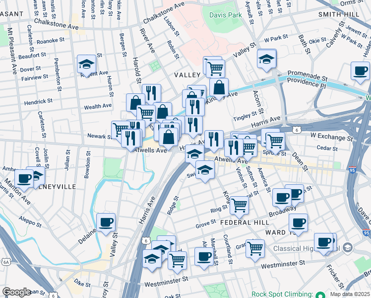 map of restaurants, bars, coffee shops, grocery stores, and more near 519 Atwells Avenue in Providence