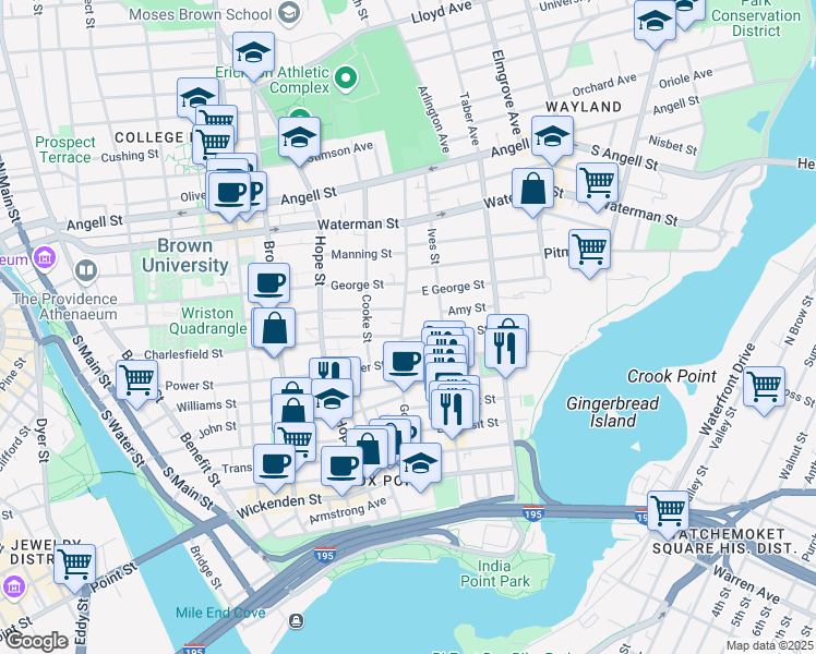 map of restaurants, bars, coffee shops, grocery stores, and more near 121 Governor Street in Providence