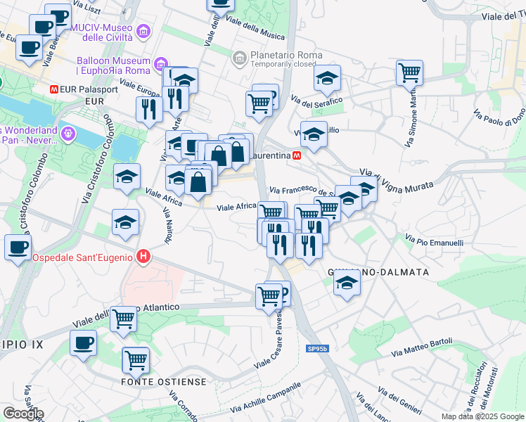 map of restaurants, bars, coffee shops, grocery stores, and more near 1 Via della Sierra Nevada in Rome