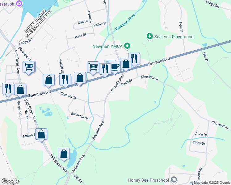 map of restaurants, bars, coffee shops, grocery stores, and more near 632 Arcade Avenue in Seekonk