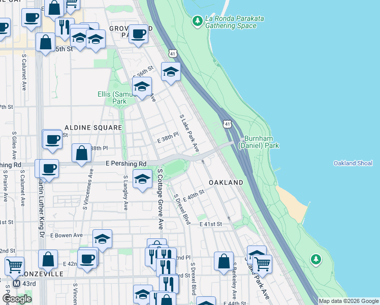 map of restaurants, bars, coffee shops, grocery stores, and more near 865 East Pershing Road in Chicago