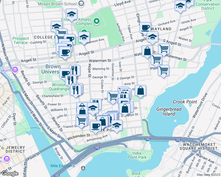 map of restaurants, bars, coffee shops, grocery stores, and more near 118 1/2 Governor Street in Providence