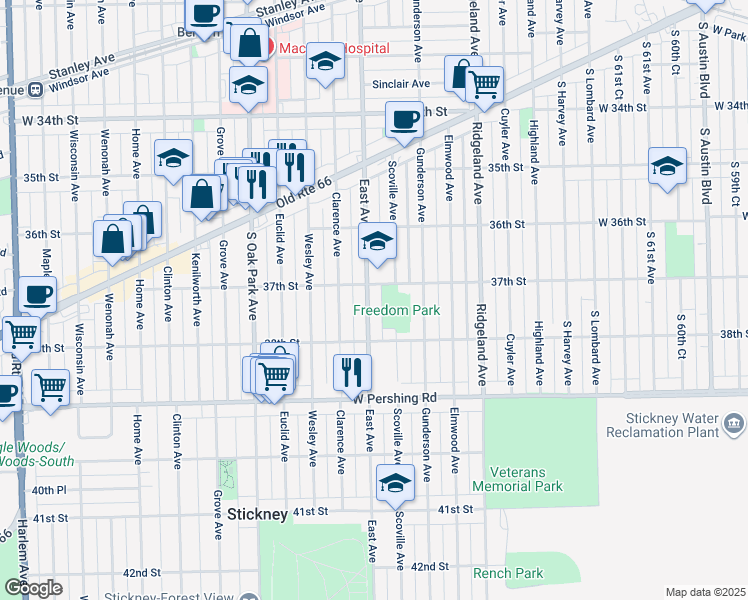 map of restaurants, bars, coffee shops, grocery stores, and more near 3711 East Avenue in Berwyn