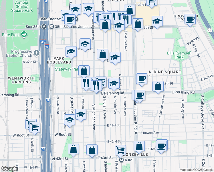 map of restaurants, bars, coffee shops, grocery stores, and more near 3823 South Indiana Avenue in Chicago