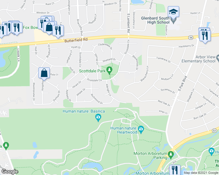 map of restaurants, bars, coffee shops, grocery stores, and more near 2277 Albright Lane in Wheaton