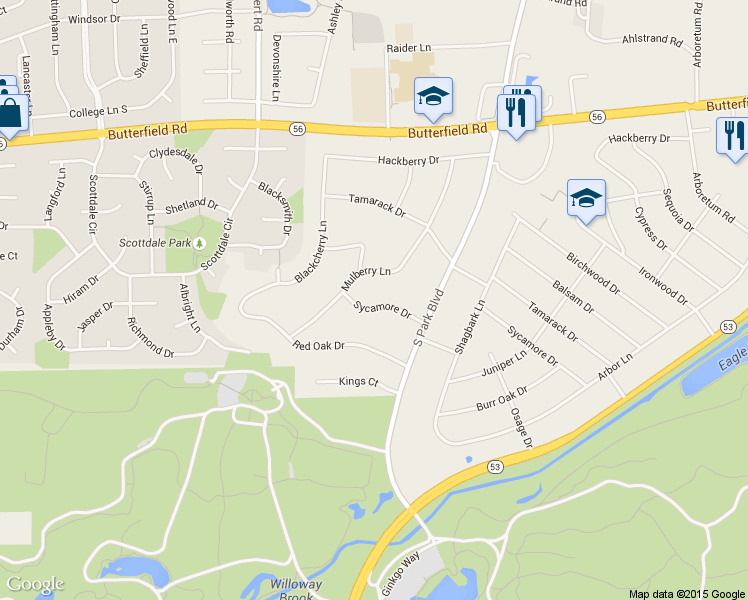 map of restaurants, bars, coffee shops, grocery stores, and more near 22W782 Sycamore Drive in Glen Ellyn