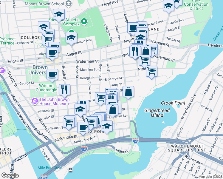 map of restaurants, bars, coffee shops, grocery stores, and more near 227 Ives Street in Providence