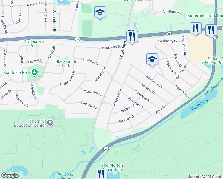 map of restaurants, bars, coffee shops, grocery stores, and more near 3S281 South Park Boulevard in Glen Ellyn