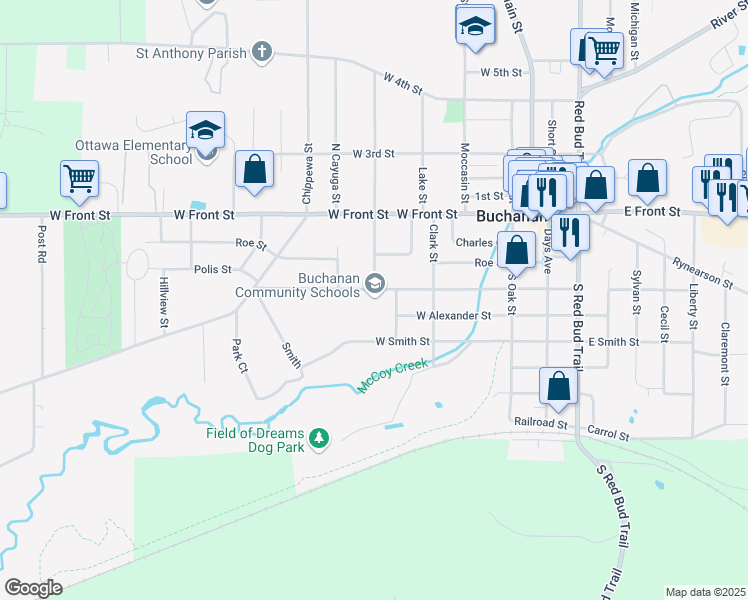 map of restaurants, bars, coffee shops, grocery stores, and more near 401 West Chicago Street in Buchanan