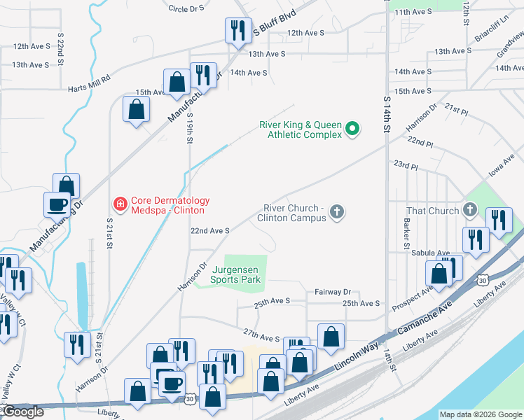 map of restaurants, bars, coffee shops, grocery stores, and more near 1732 Harrison Drive in Clinton