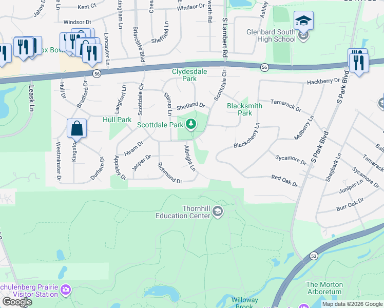 map of restaurants, bars, coffee shops, grocery stores, and more near 2277 Albright Lane in Wheaton