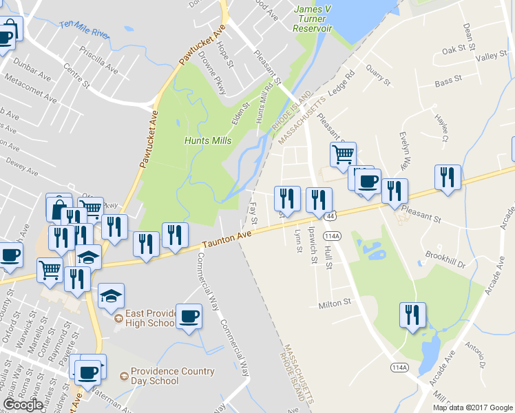 map of restaurants, bars, coffee shops, grocery stores, and more near 25 Fay Street in Seekonk