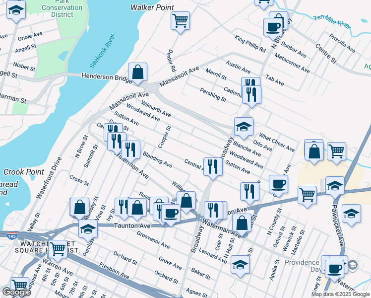 map of restaurants, bars, coffee shops, grocery stores, and more near 198 Central Avenue in East Providence