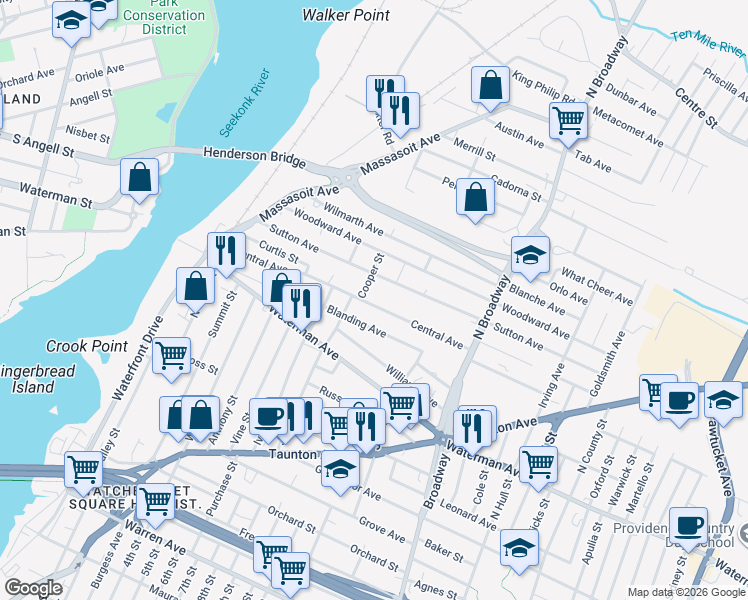 map of restaurants, bars, coffee shops, grocery stores, and more near 167 Central Avenue in East Providence