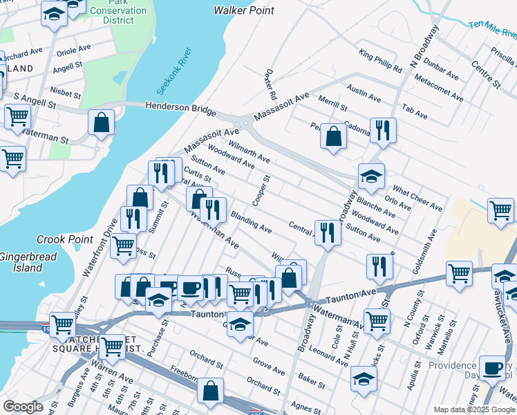 map of restaurants, bars, coffee shops, grocery stores, and more near 167 Central Avenue in East Providence