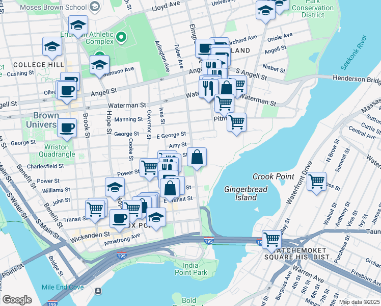 map of restaurants, bars, coffee shops, grocery stores, and more near 74 Preston Street in Providence