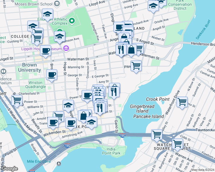 map of restaurants, bars, coffee shops, grocery stores, and more near 74 Preston Street in Providence