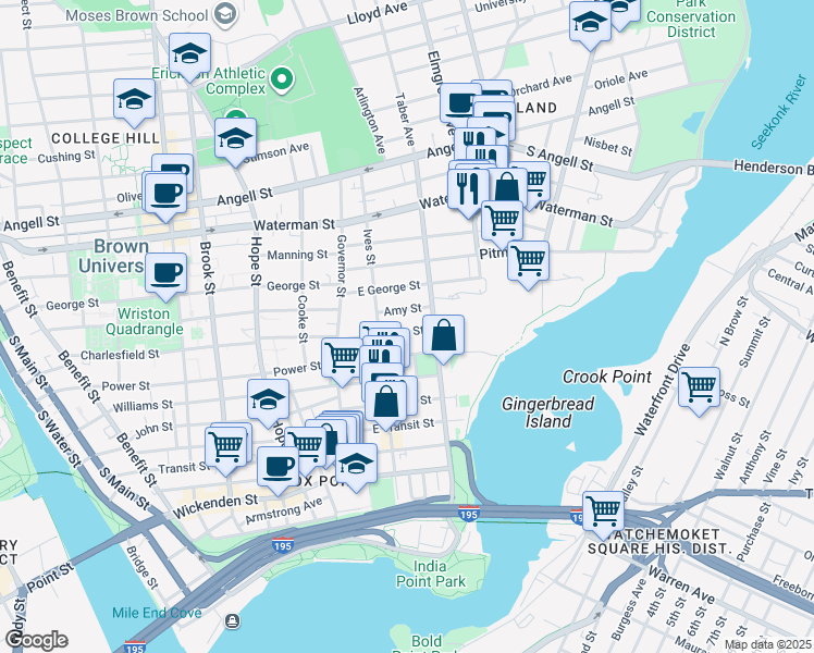 map of restaurants, bars, coffee shops, grocery stores, and more near 74 Preston Street in Providence