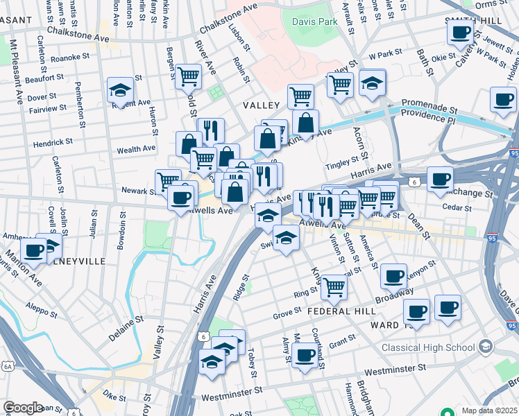 map of restaurants, bars, coffee shops, grocery stores, and more near 519 Atwells Avenue in Providence