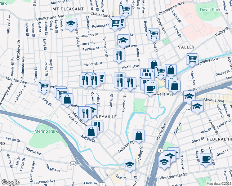 map of restaurants, bars, coffee shops, grocery stores, and more near 153 Putnam Street in Providence