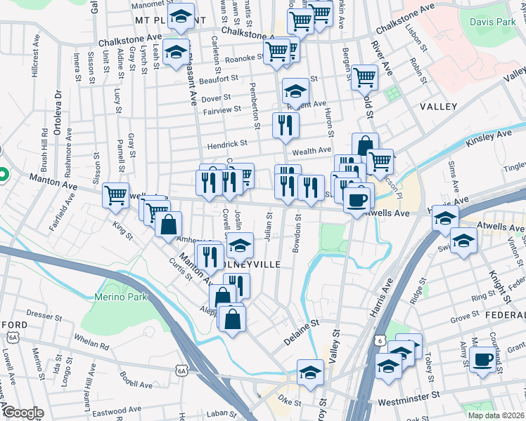 map of restaurants, bars, coffee shops, grocery stores, and more near 186 Julian Street in Providence