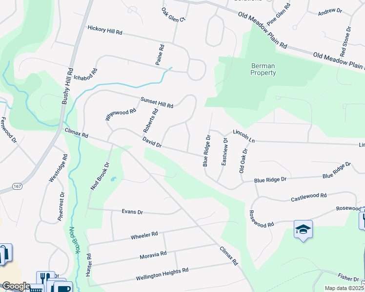 map of restaurants, bars, coffee shops, grocery stores, and more near 17 David Drive in Simsbury