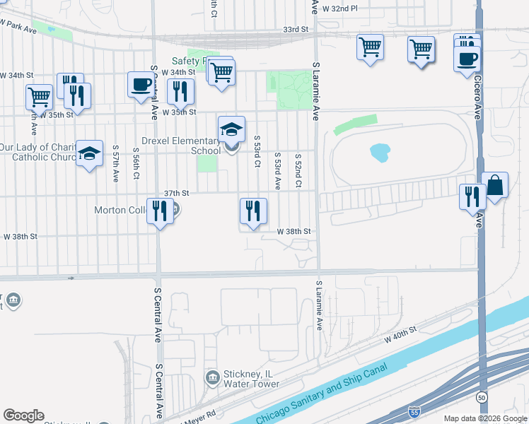 map of restaurants, bars, coffee shops, grocery stores, and more near 3726 South 53rd Avenue in Cicero