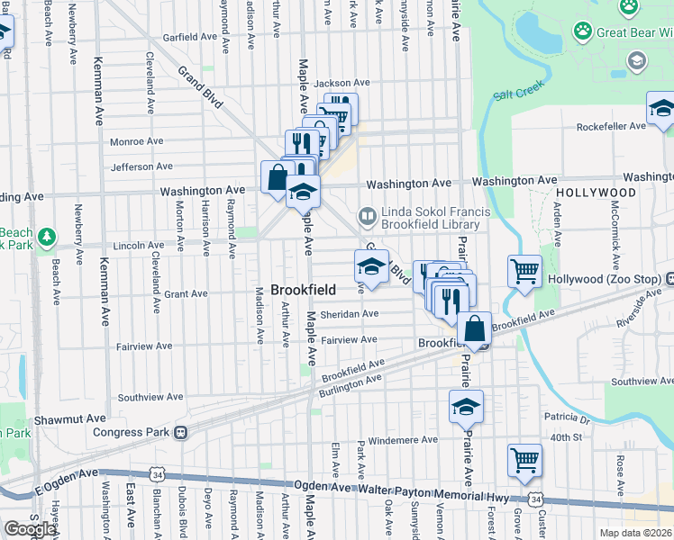 map of restaurants, bars, coffee shops, grocery stores, and more near in Brookfield