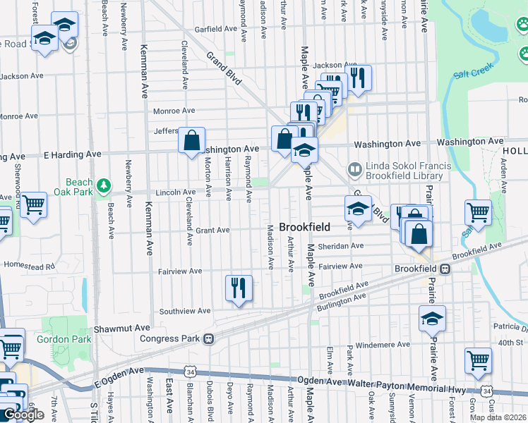map of restaurants, bars, coffee shops, grocery stores, and more near 3633 Madison Avenue in Brookfield