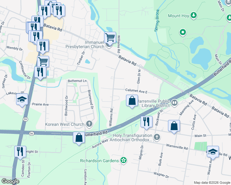 map of restaurants, bars, coffee shops, grocery stores, and more near 29W221 Calumet Avenue East in Warrenville