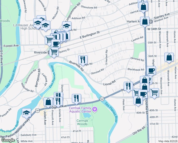 map of restaurants, bars, coffee shops, grocery stores, and more near 164 Olmsted Road in Riverside