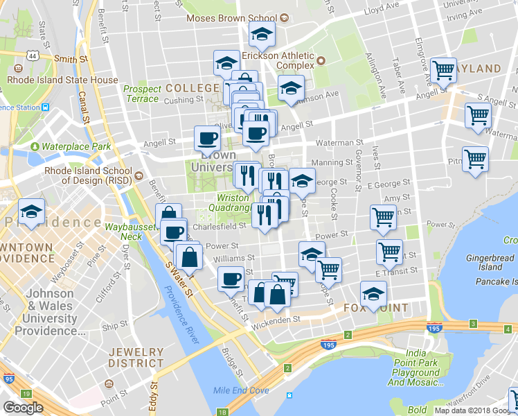 map of restaurants, bars, coffee shops, grocery stores, and more near 127 Thayer Street in Providence