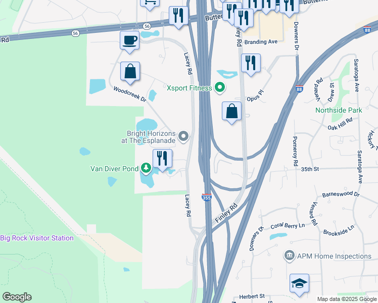 map of restaurants, bars, coffee shops, grocery stores, and more near 3500 North Lacey Avenue in Chicago