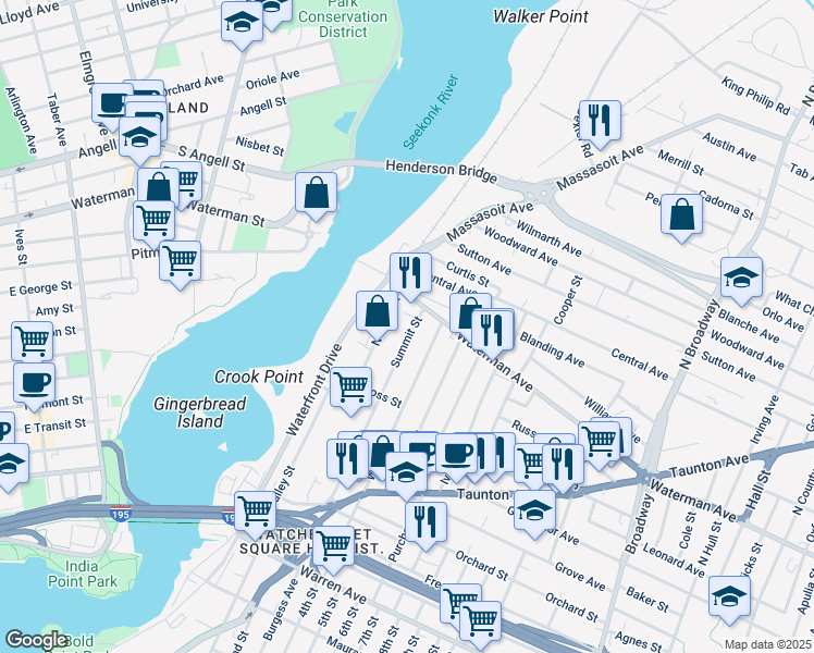 map of restaurants, bars, coffee shops, grocery stores, and more near 206 Summit Street in East Providence
