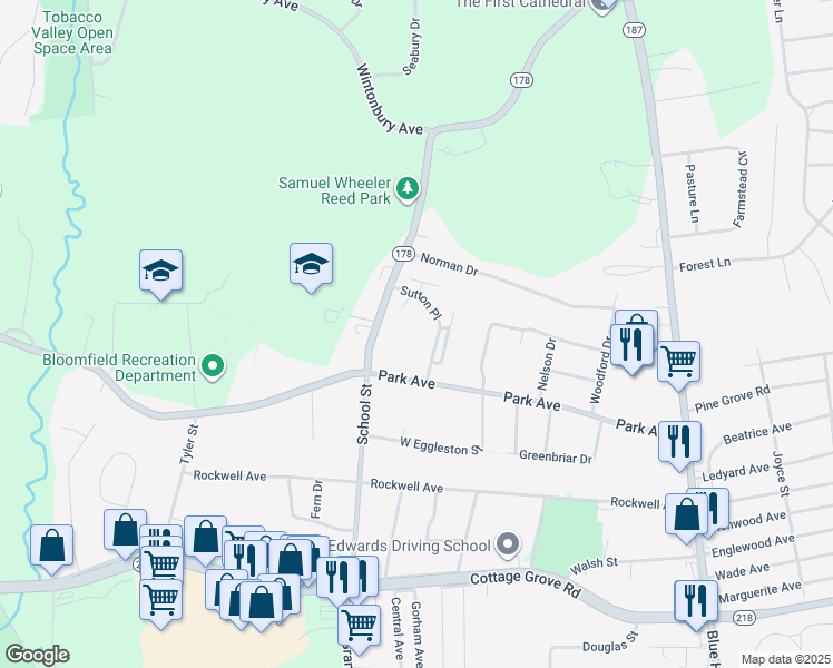 map of restaurants, bars, coffee shops, grocery stores, and more near Beaman Brook in Bloomfield