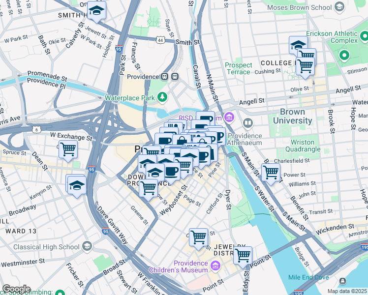 map of restaurants, bars, coffee shops, grocery stores, and more near 1 Washington Street in Providence
