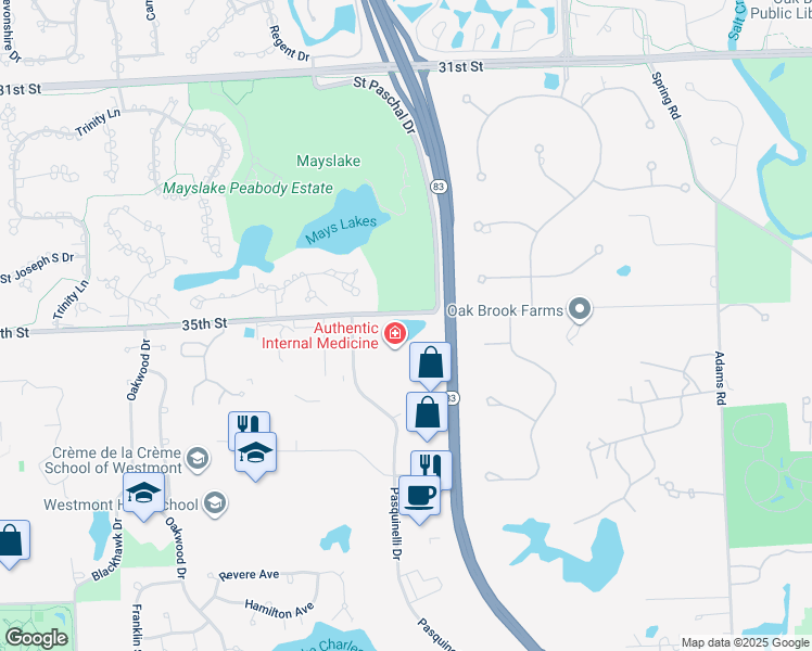 map of restaurants, bars, coffee shops, grocery stores, and more near 100 Quail Ridge Drive in Westmont