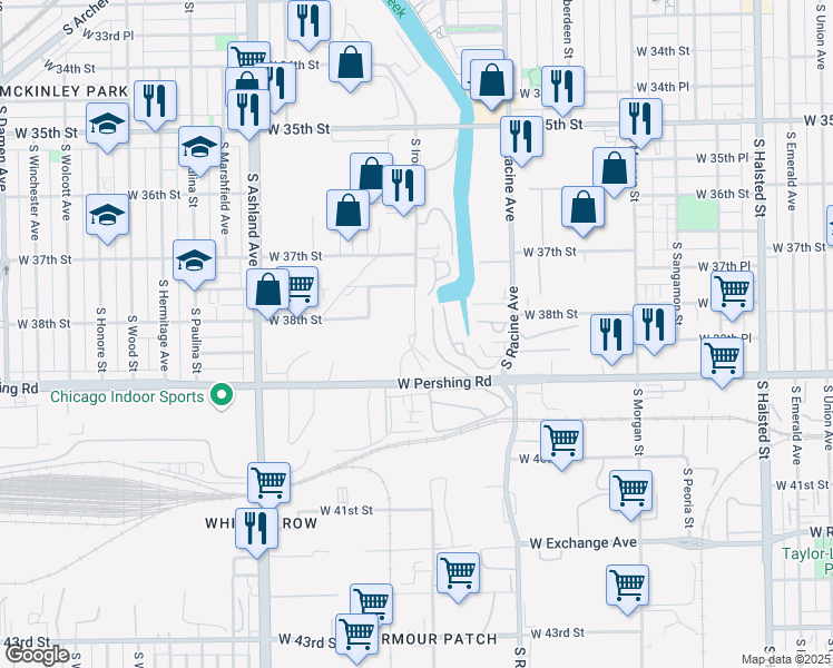 map of restaurants, bars, coffee shops, grocery stores, and more near 3812 South Iron Street in Chicago