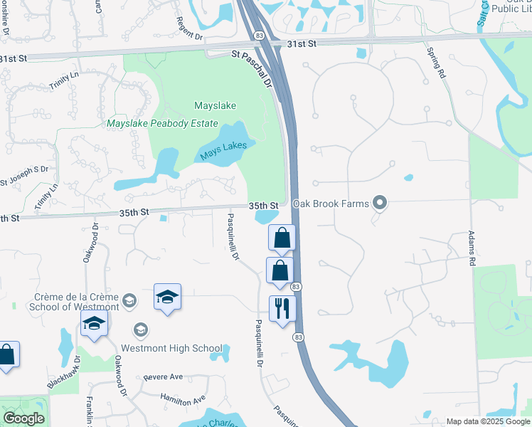 map of restaurants, bars, coffee shops, grocery stores, and more near 100 Quail Ridge Drive in Westmont