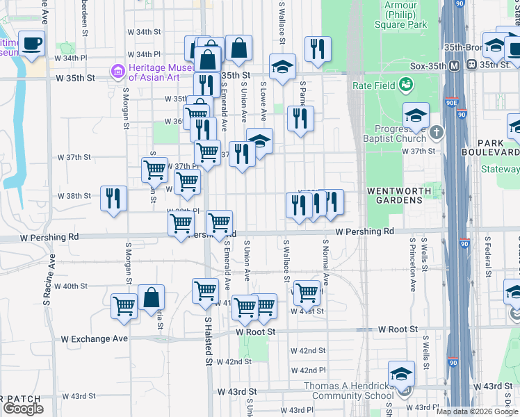 map of restaurants, bars, coffee shops, grocery stores, and more near 3827 South Lowe Avenue in Chicago
