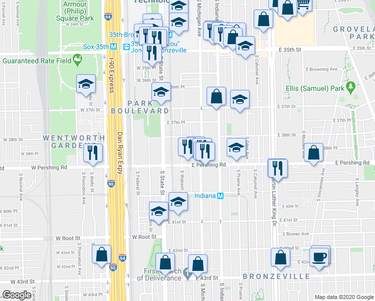 map of restaurants, bars, coffee shops, grocery stores, and more near 3837 South Wabash Avenue in Chicago