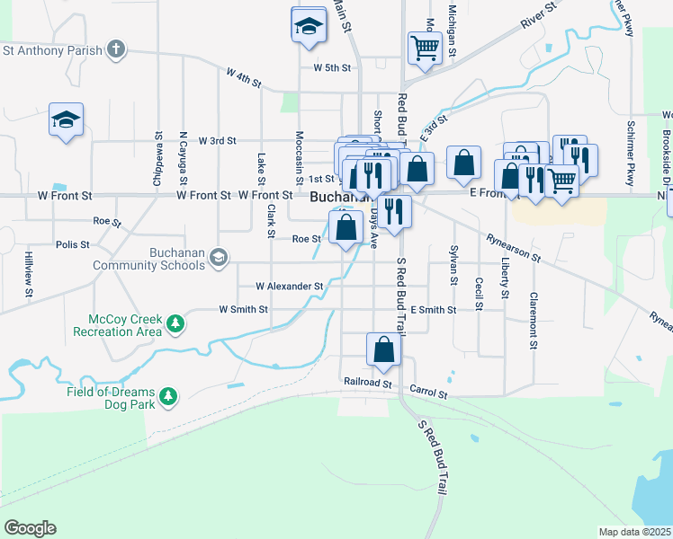 map of restaurants, bars, coffee shops, grocery stores, and more near 304 South Oak Street in Buchanan