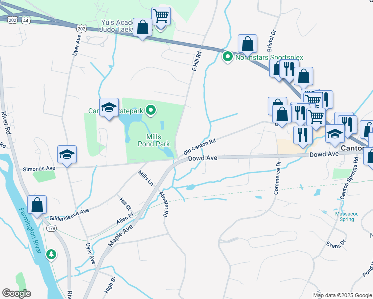 map of restaurants, bars, coffee shops, grocery stores, and more near 2 Old Canton Road in Canton