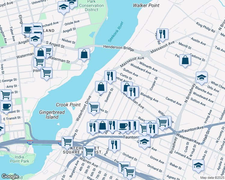 map of restaurants, bars, coffee shops, grocery stores, and more near 206 Summit Street in East Providence
