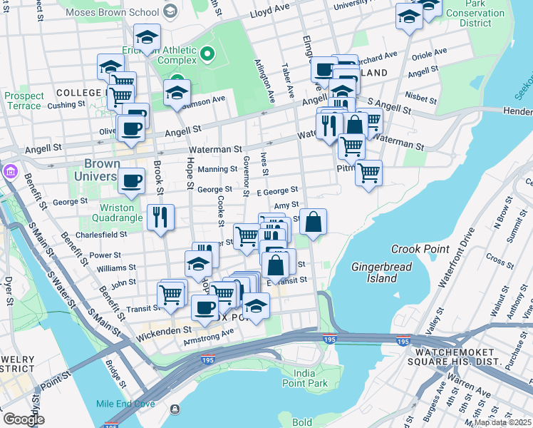 map of restaurants, bars, coffee shops, grocery stores, and more near 226 Ives Street in Providence